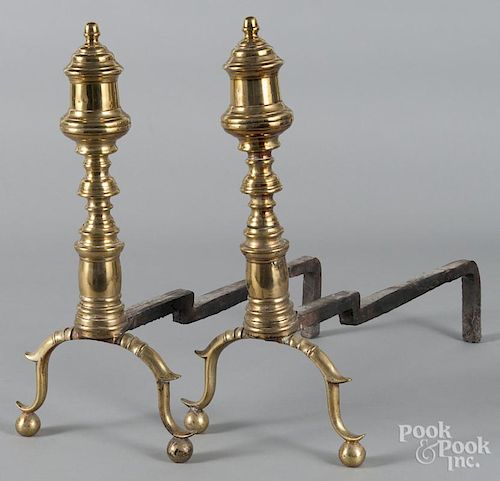 Pair of Federal brass andirons, 19th c., 19'' h.