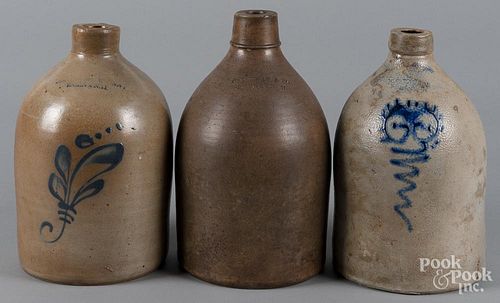 Three Keene, New Hampshire stoneware jugs, 19th c., two with cobalt decoration, two - 11 1/4'' h.