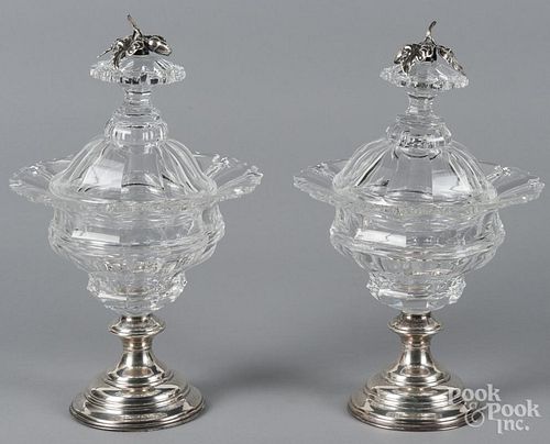 Pair of silver mounted colorless glass candy dishes, 14'' h.