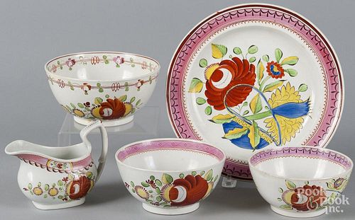 Kings Rose pearlware, to include a plate, 9 3/4'' dia., a creamer, and three bowls.