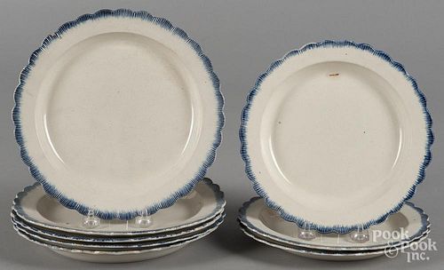 Eight pearlware blue feather edge plates, 19th c., 8 1/4'' dia. and 9'' dia.