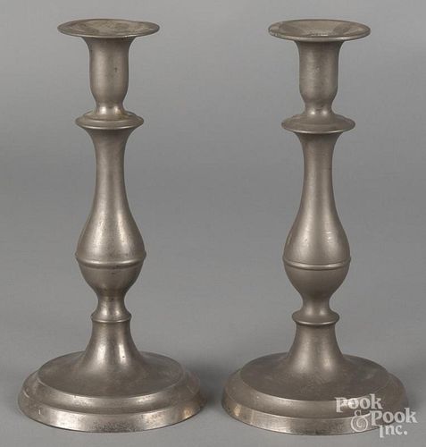 Pair of pewter candlesticks, 19th c., attributed to Flagg & Homan, Cincinnati, Ohio, 9 3/4'' h.