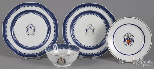 Four pieces of Chinese export armorial porcelain, largest - 9 1/4'' dia.