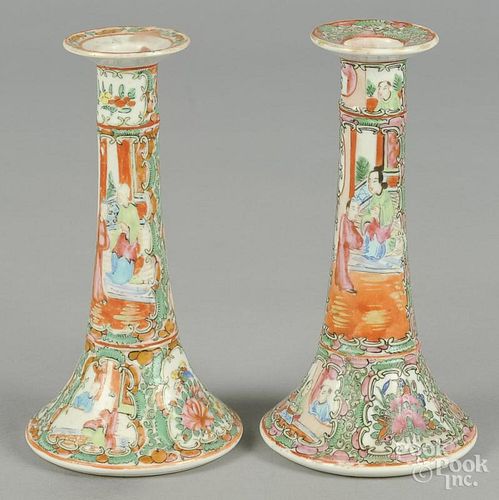 Two Chinese export porcelain rose medallion candlesticks, 19th c., 7 3/4'' h.