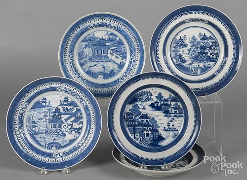 Five Chinese export porcelain blue and white Nanking and Canton shallow bowls, 19th c., 9 5/8'' dia.