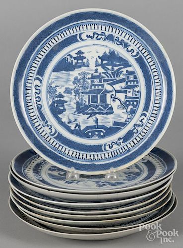 Nine Chinese export porcelain blue and white plates, 19th c., 9 3/4'' dia.