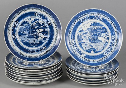 Sixteen Chinese export porcelain blue and white Nanking plates, 19th c., 7 5/8'' - 8 1/2'' dia.