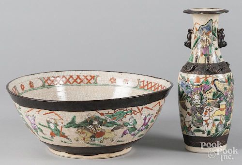 Chinese crackle glaze bowl, 5 1/2'' h., 13 3/4'' dia., and vase, early 20th c., 11 3/4'' h.