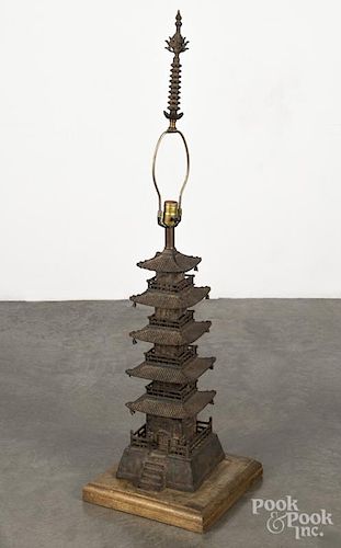 Chinese bronze pagoda-form table lamp, 44 1/2'' h.