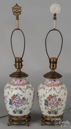 Pair of porcelain table lamps, probably Samson, in the Chinese export style, 7 3/4'' h.