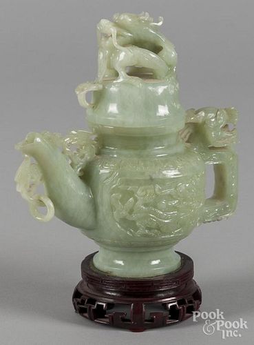 Chinese carved jade teapot, 7'' h.