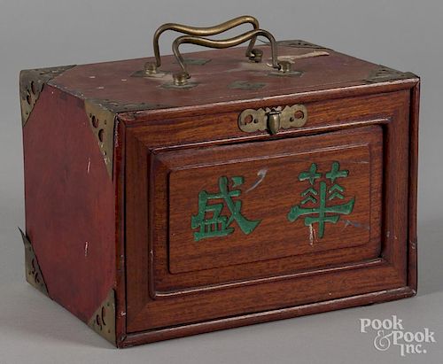 Chinese mahjong set, ca. 1900, with ivory and bamboo pieces, 6 1/4'' h., 9 1/4'' w.