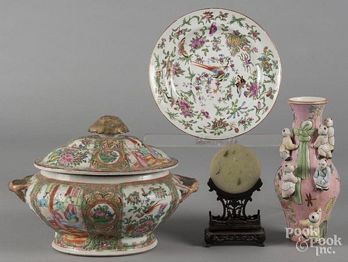Chinese export porcelain rose medallion tureen, together with a vase, a jadeite disc