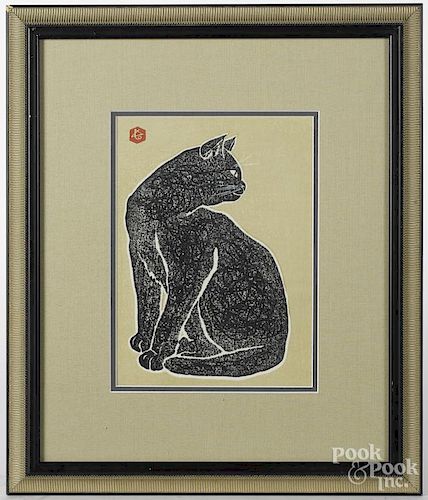 Sadanobu Hasegawa (Japanese 20th c.), woodblock, titled Cat, 10'' x 7 1/4''.