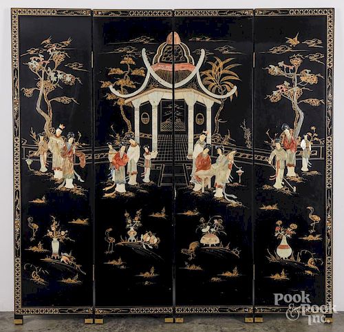 Chinese hardstone mounted black lacquer four-part folding screen, early 20th c., 72'' x 72''.