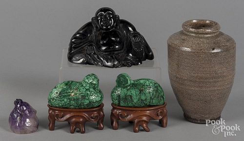 Pair of Chinese carved malachite birds, together with a smoky quartz Buddha, a crackle glaze vase