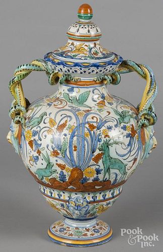 Large Majolica covered urn with a blue rooster mark on base, probably Cantagalli, 19 1/2'' h.