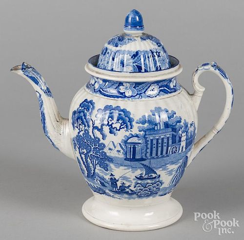 Blue Staffordshire teapot, 19th c., with chinoiserie decoration, 10 1/4'' h.