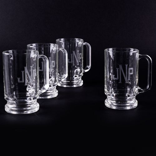 Set of Four Glass Beer Mugs Monogrammed for Paul Newman