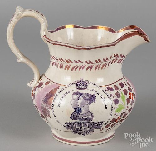 English Staffordshire pink lustre pitcher, 19th c., with transfer decoration of Queen Victoria