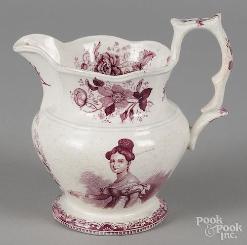 Purple Staffordshire coronation pitcher, 19th c., with transfer decoration of Queen Victoria