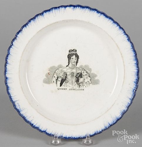 Pearlware blue feather edge plate, 19th c., with transfer decoration of Queen Adelaide, 9 1/2'' dia.