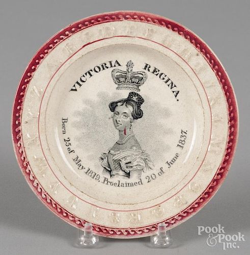 Staffordshire coronation ABC plate, 19th c., with transfer decoration of Queen Victoria, 6 1/8'' dia.