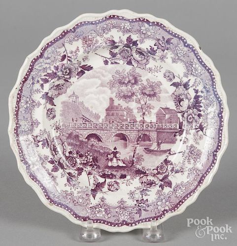 Historical Staffordshire plate, 19th c., with purple transfer decoration of The Race Bridge