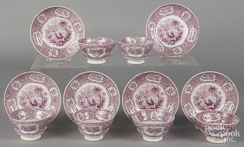 Six purple Staffordshire Oriental cups and saucers, 19th c.