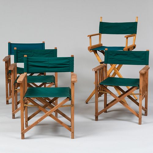 Set of Four English Teak and Canvas Folding Chairs together with Director's Chair, Barlow Tyrie, Braintree, England