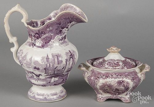 Purple Staffordshire Abbey Ruins pitcher, 10'' h., together with an Oriental covered sugar, 5 3/4'' h.