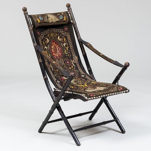 Ebonized Faux Bamboo and Needlework Folding Chair