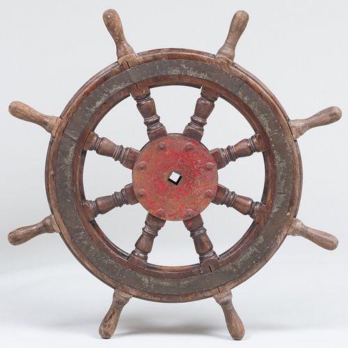 Red Painted Metal and Tin-Mounted Oak Ship's Wheel