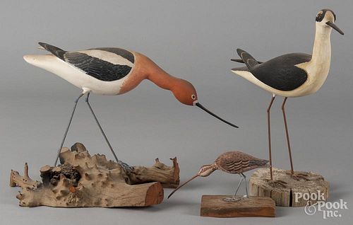 Three carved and painted shorebird decoys, by Dave Glide, tallest - 13''.