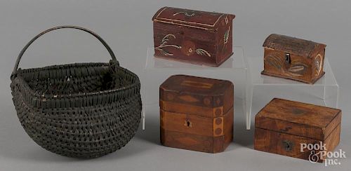 Assorted country items, to include two painted dome lid boxes, a burl box, a parquetry box
