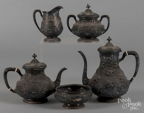 Gorham repousse sterling silver five-piece tea and coffee service, the coffee pot