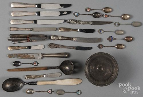 Weighted silver, plate, silver mounted, souvenir spoons, etc.