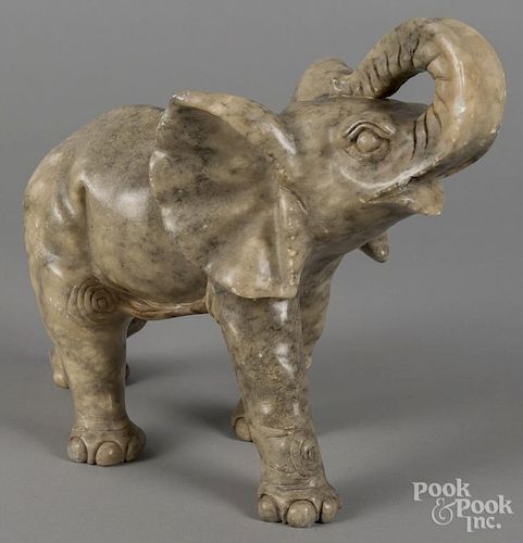 Carved marble elephant, 11'' h., together with a French glass vase, 7 1/4'' h.