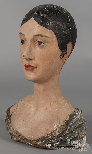 Carved and painted wig stand, late 19th c., 15'' h.
