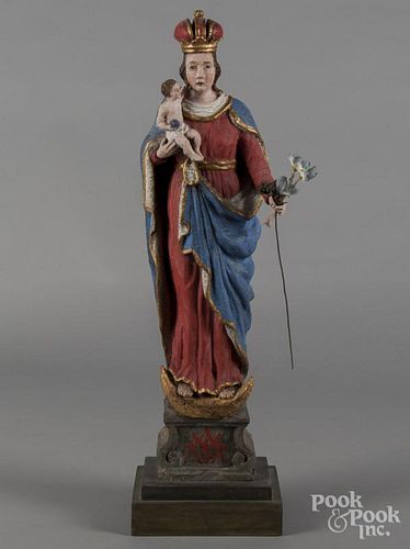 Carved and painted figure of the Mother and Child, 19th c., 24'' h.