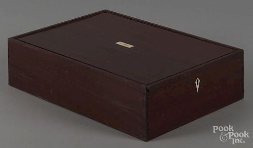 Mahogany lock box with double-sided slide lids, 19th c., and inlaid ivory name boss