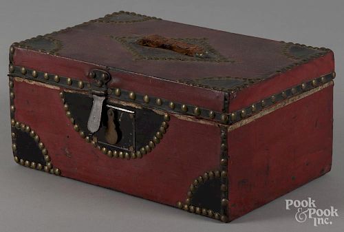 Painted hide covered box, 19th c., with brass tacking, 5 1/2'' h., 12'' w.