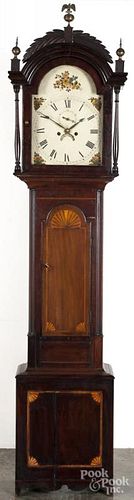 English inlaid mahogany tall case clock, ca. 1800, with an eight-day movement, 85'' h.