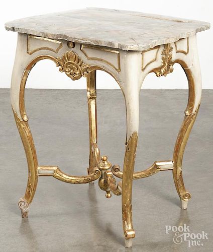 French painted side table with a faux marble top, 30'' h., 25'' w.