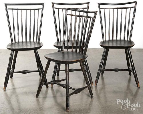 Set of four rodback Windsor chairs, ca. 1830, retaining an old black surface.