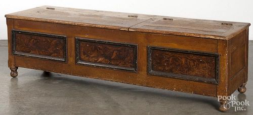 Painted pine lift lid bench, 19th c., 19'' h., 67'' w.