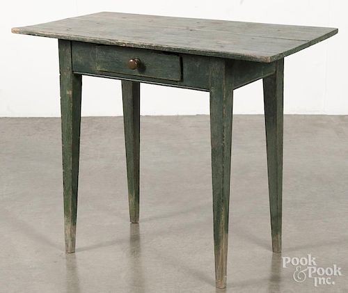 Painted hard pine work table, 19th c., retaining an old green surface, 28'' h., 34'' w.