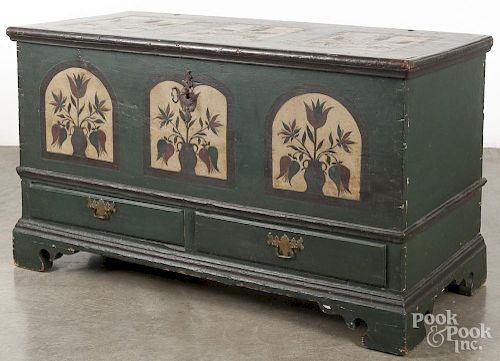 Pennsylvania painted pine dower chest, 18th c., retaining an early second paint