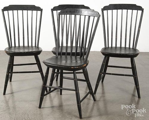 Set of four painted rodback Windsor chairs, ca. 1830, retaining an old black surface.