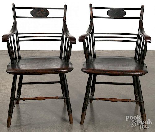 Pair of birdcage Windsor armchairs, ca. 1825, branded G. T. Thacker